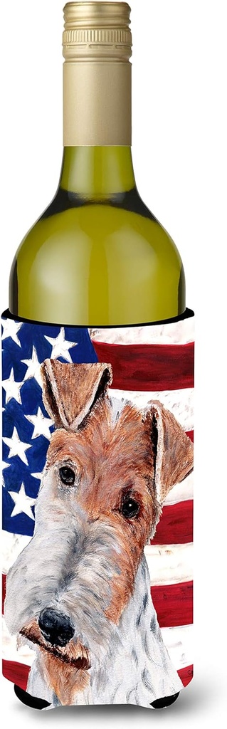 Caroline's Treasures SC9628LITERK Wire Fox Terrier with American Flag USA Wine Bottle Hugger Bottle Cooler Sleeve Hugger Machine Washable Collapsible Insulator Beverage Insulated Holder