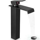 Brass Vessel Sink Faucet Black Waterfall Bathroom Faucet 1 Hole, Tall Bathroom Sink Faucet Single Handle, Modern Bathroom Faucets for Vessel Sinks with Pop Up Drain and Supply Hoses