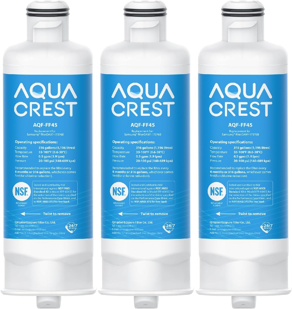 AQUA CREST DA97-17376B Replacement for Samsung DA97-08006C, HAF-QIN/EXP, RS27T5200SR, RF28T5001SR, RF24R7201SR, RF28R6201SR, AQF-FF45, Refrigerator Water Filter (Pack of 3)