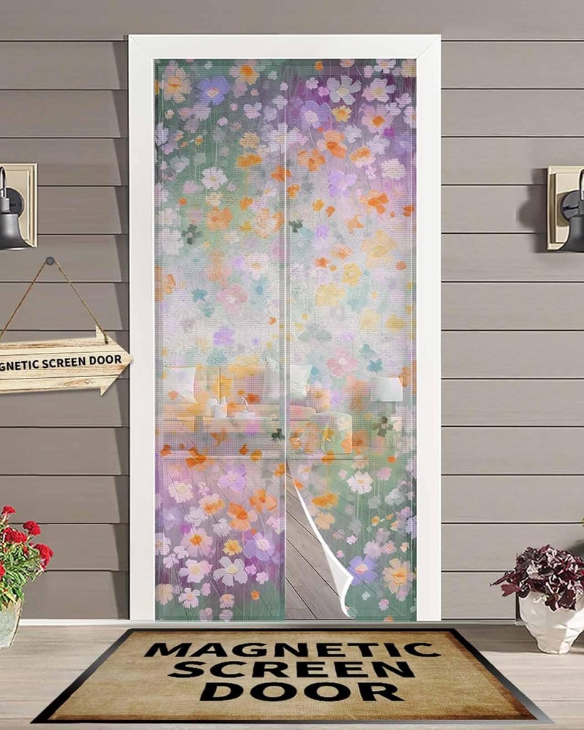Spring Flower Magnetic Screen Door For Sliding/Single/French Door,Self Sealing Hand Free Kid/Dog/Pet-Friendly RV Camper Patio Door Screen Heavy Duty Mesh Curtain,Colorful Painting Botanical Wildflower