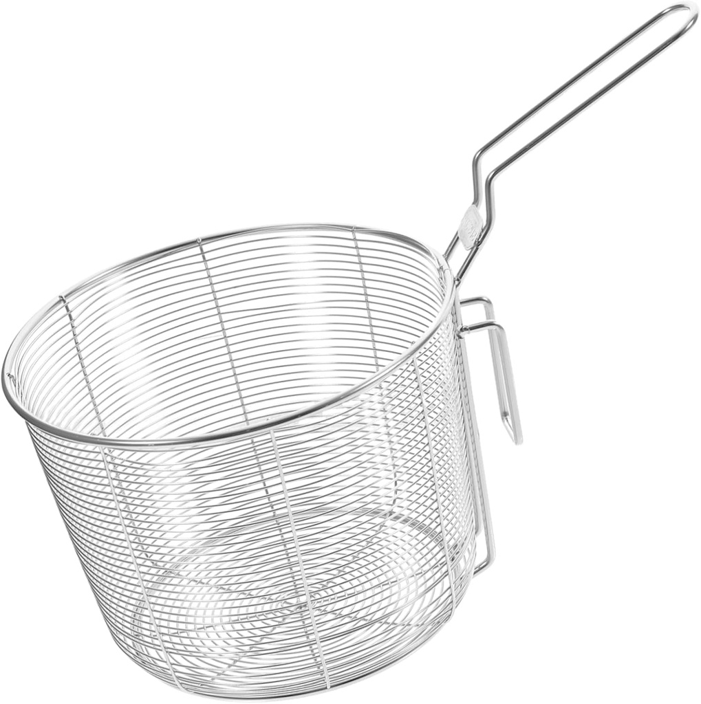 Stainless Steel Colander Basket with Hanging Hook Kitchen Strainer for Cooking Frying and Filtering Heat Resistant Pasta Noodle Basket for Home and Restaurant Use
