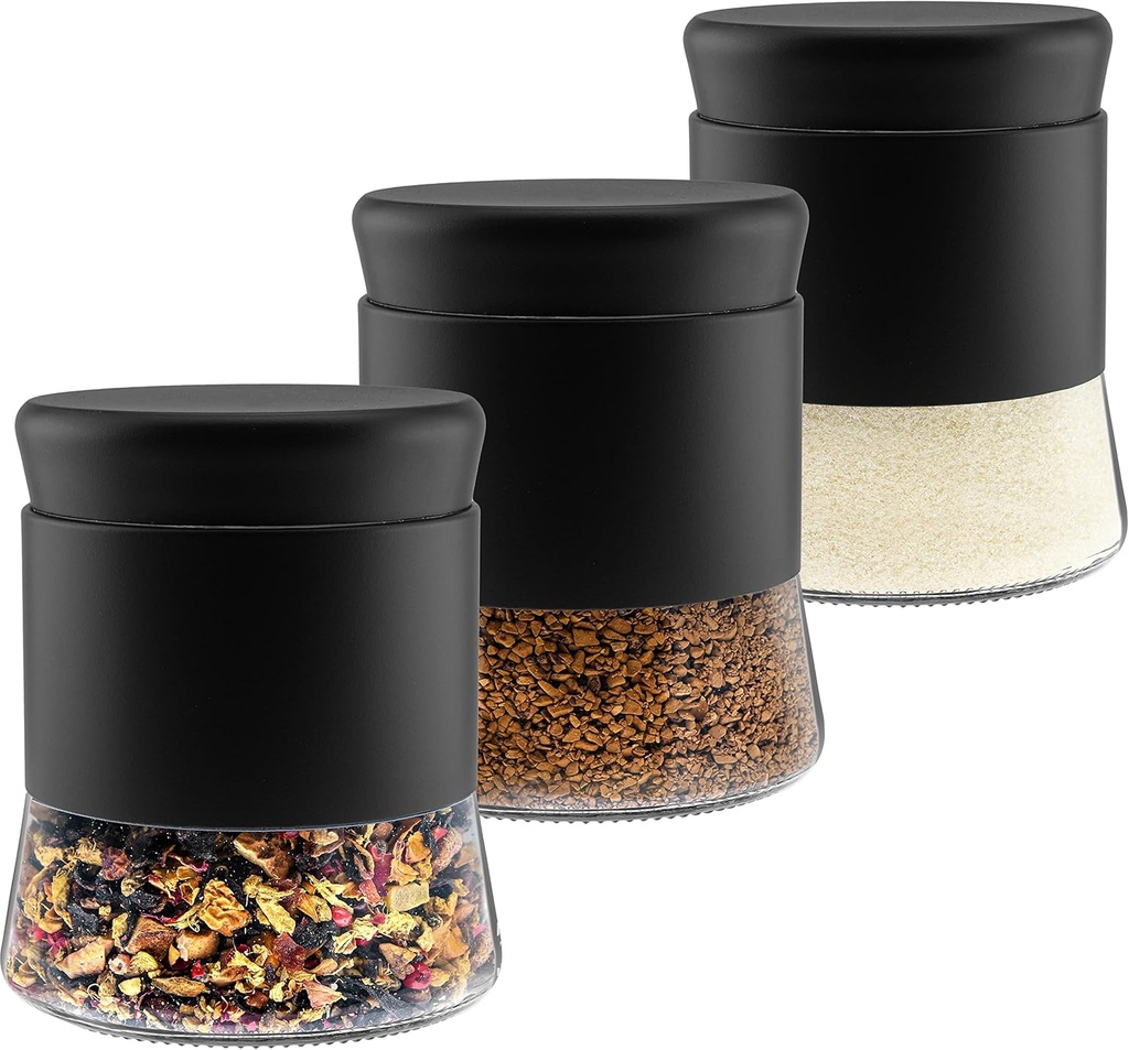 Sugar Tea Coffee Containers Set, Black Canisters for Kitchen, Stainless Steel Apothecary Jar, Home Décor Centerpiece Decorative Kitchen. 26 OZ