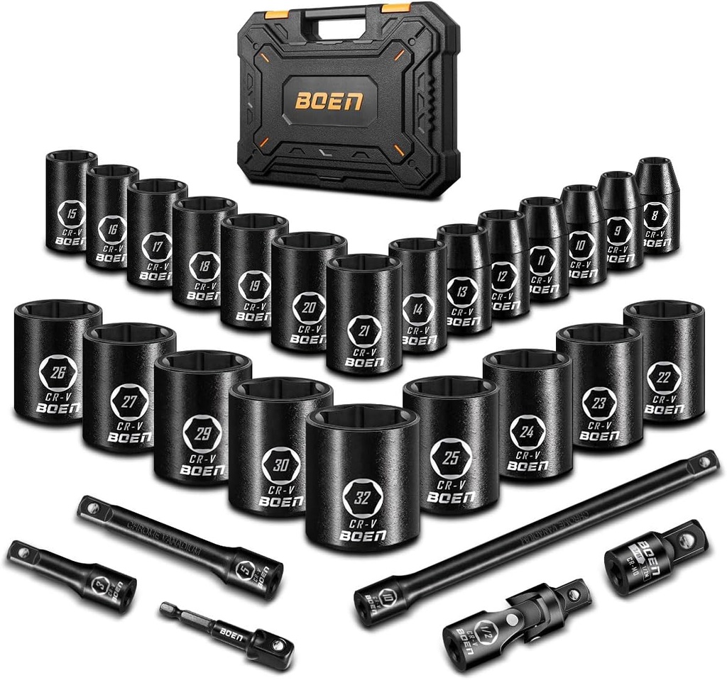 boen 8mm-32mm 1/2” Drive Metric Socket Set, Impact Shallow, 6 Point Lug Nut Socket for Auto Repair with Portable Case, CR-V Steel, 29PCS