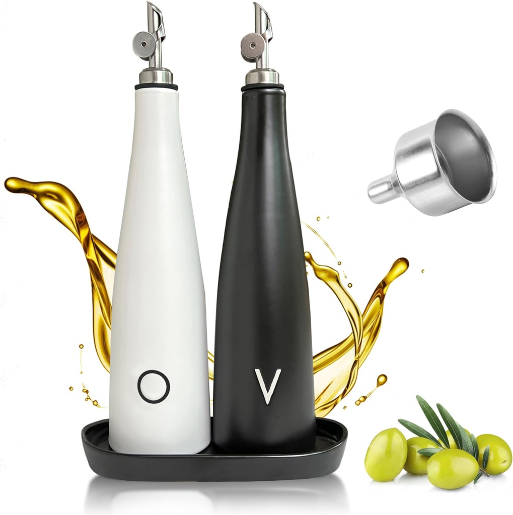 Ceramic Oil and Vinegar Dispenser Set with Silver Spouts, Modern Olive Oil Dispenser Bottle, Oil and Vinegar Cruet Set, Ceramic Olive Oil Container with Air-tight Leakproof Spout and Matching Tray