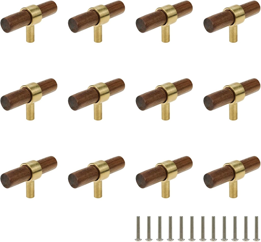 Drawer 2.36"/60mm Pulls Brass Walnut Kitchen Wardrobe Cabinet Hardware Pull Handle Single Hole with Screw, 12Pcs