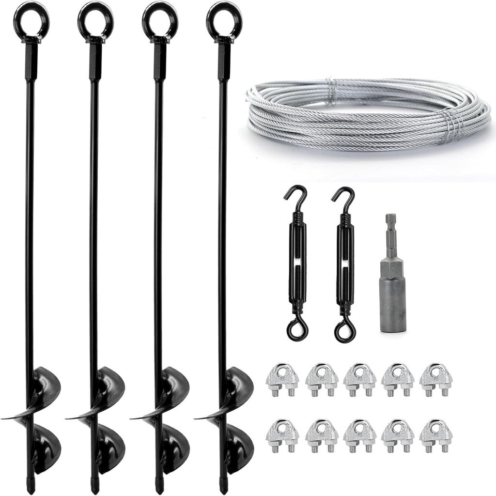 4 Pack 18" Ground Anchors Shed Anchor Kit with 1/8" Galvanized Cable & Turnbuckles, Heavy Duty Earth Anchors for Sheds Canopy Gazebo Dog Runs Carport Tent