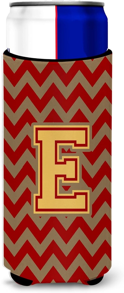 Letter E Chevron Garnet and Gold Ultra Beverage Insulators for slim cans
