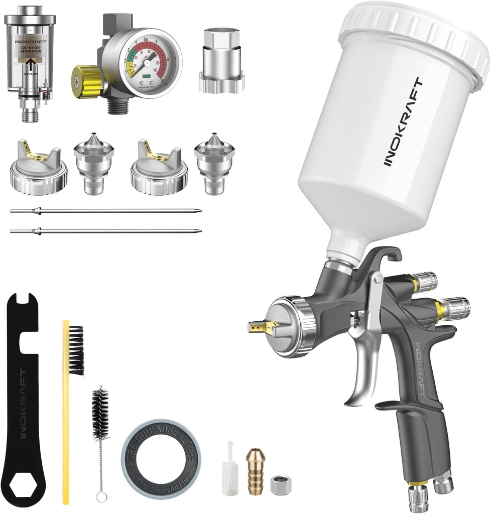InoKraft D1 LVLP Air Spray Gun Premium Kit, Easy to Use, Paint Gun for Cars & House DIY Painting, 1.3/1.5/1.7mm Nozzles, with Paint Sprayer Accessories