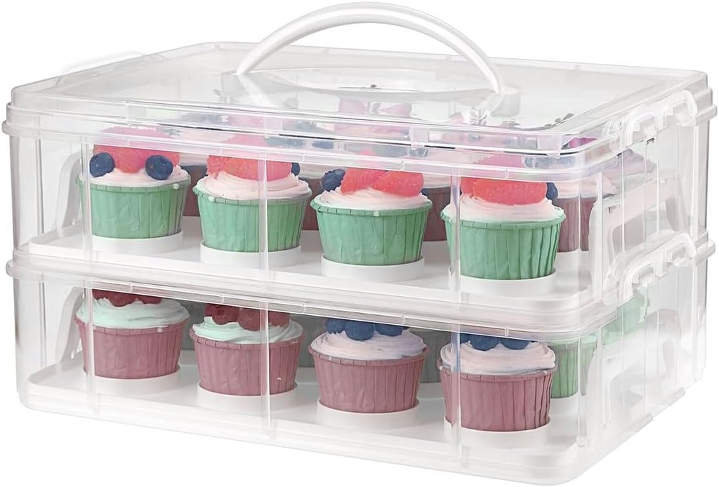 Cupcake Carrier 24 Count, Portable 2 Tier Cup Cake Carrier with Lid and Handle, Stackable Cup Cake Container Reusable Cupcake Box Muffin Holder for Family Picnics and Party Events(White)