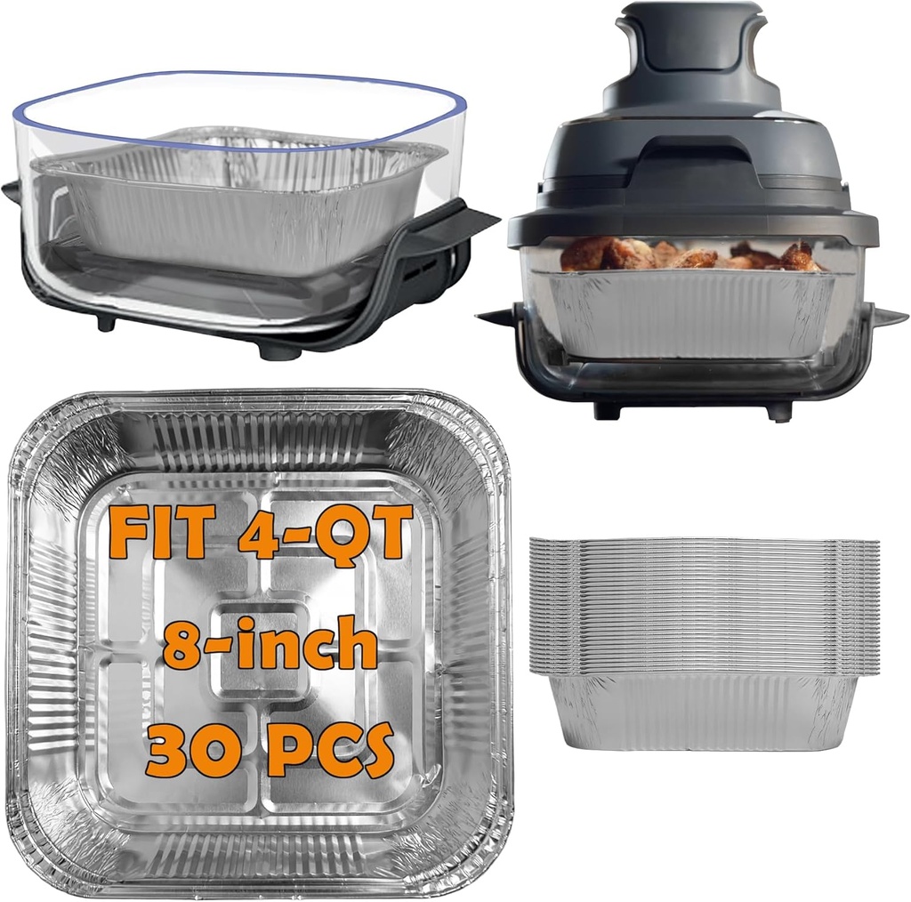 30 Pcs Disposable Aluminum Liners for Ninja Crispi FN101 4-in-1 Glass Air Fryer, Aluminum Pan Compatible with 4-QT Container (30 PCS, Large)