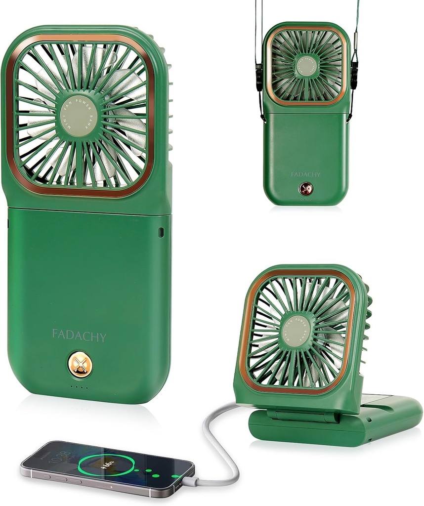 FADACHY Mini Fan,USB Portable Charger Handheld Fan, Small Personal Fan with 3 Speeds Neck Fan 3000mAh Power Bank