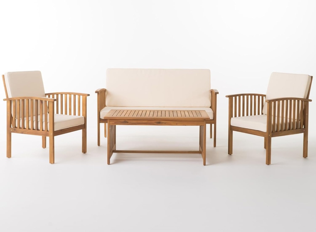 Merax 4 Piece Patio Conversation Table and Chairs Furniture Sets, Acacia Wood Outdoor Dining Couch Sofa for Porch Deck Backyard Lawn Balcony Bistro, Brown