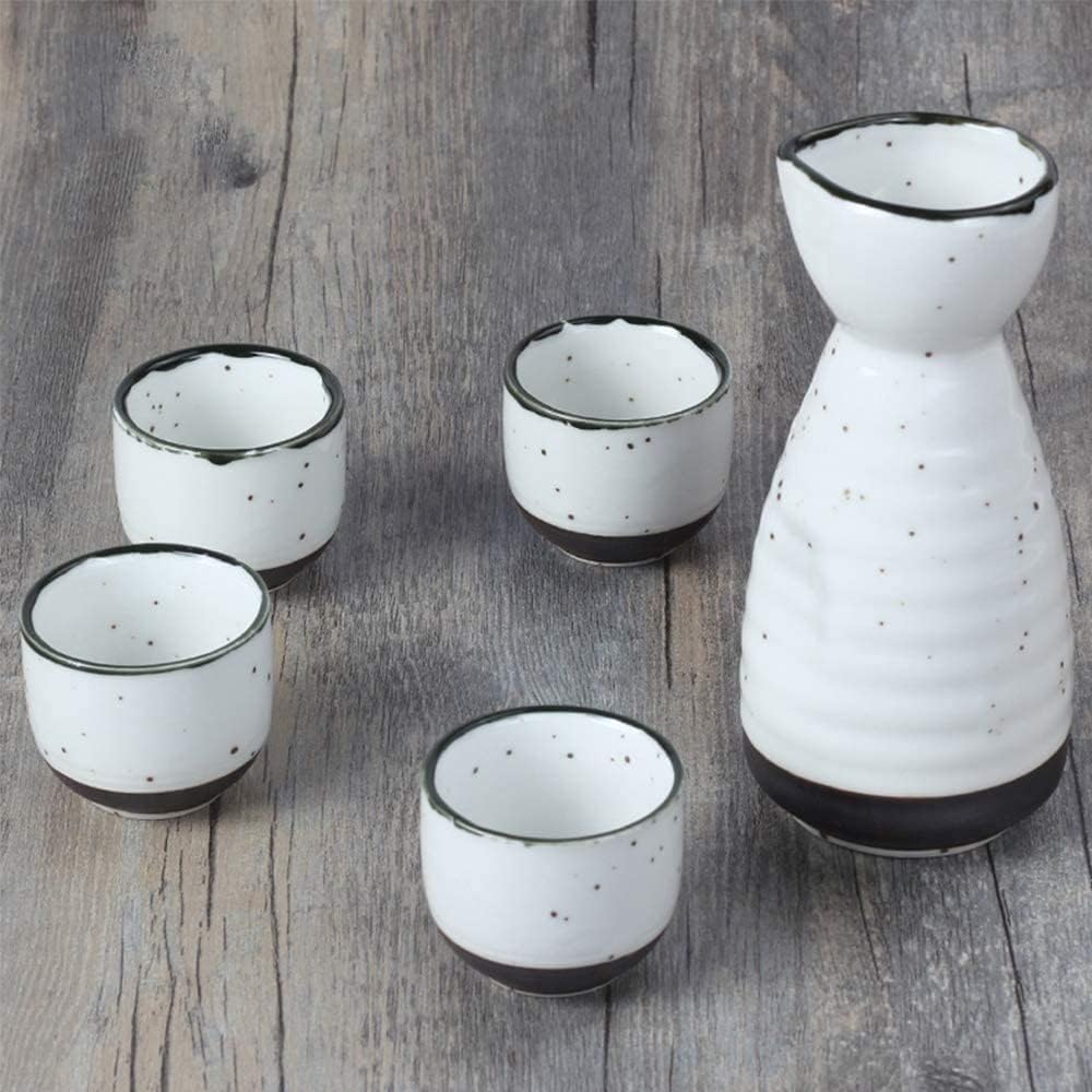 Sake Wine Set, Wine Glass,5 Pieces Sake Set,Ceramics Wine Glasses White Surface with Black Edges, Traditional Crafts Cups, for Cold,Warm,Hot Sake/Shochu/Tea Sake Set
