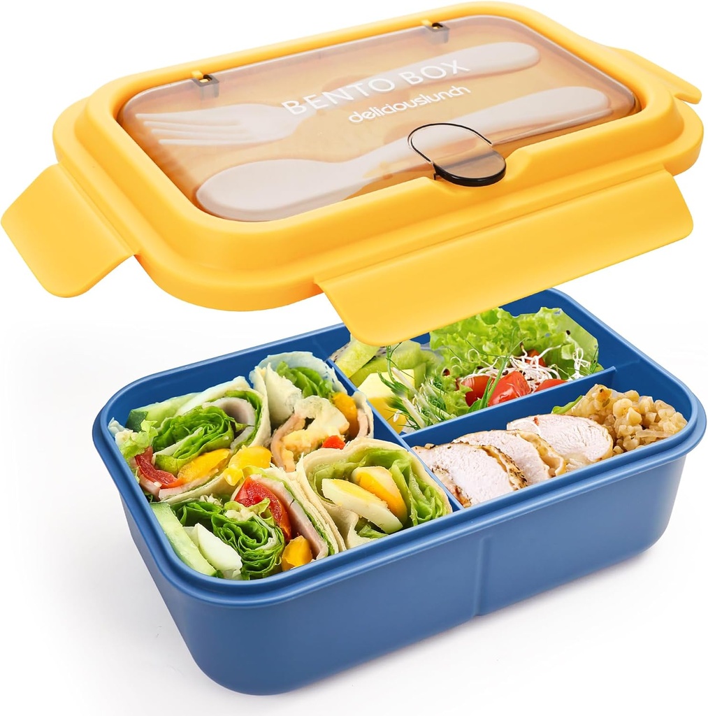 Fanhaw 40 Oz/5 Cup Bento Box for Kids, Men and Women, Lunch Box with 3 Compartments, Utensil, Microwave & Dishwasher Safe (Yellow)