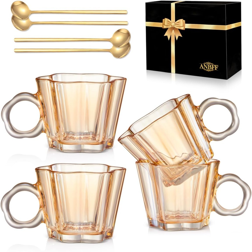 Vintage Glass Coffee Mugs Set of 4, 11oz Creative Flower Glass Coffee Cups with Spoons - Cute Tea Cups with Handle, Art Glassware, Unique Birthday Gifts