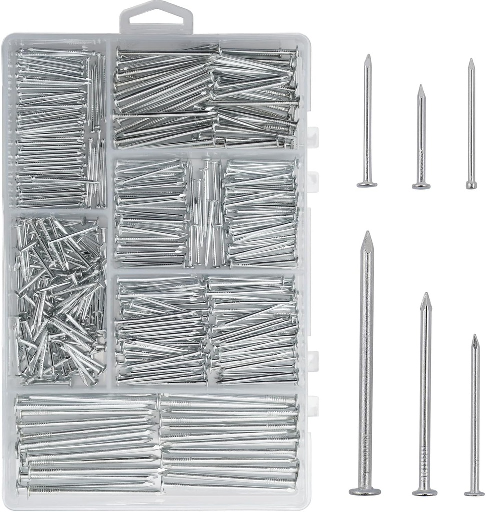 376pcs Premium Hardware Nails Assortment Kit, Maximum Length 2 Inches Galvanized, Picture Hanging, Wood, Wall With Storage Box | 6 Sizes