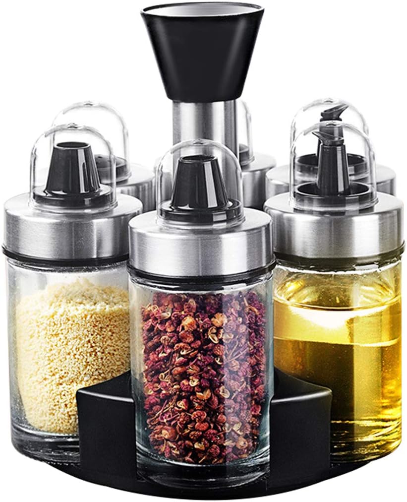 6 Piece Oil and Vinegar Salt & Pepper Cruet Bottle Sets - 360 Degree Rotate Durable Glass Stainless Steel Lead-Free Olive Oil Dispenser Carafe Decanter for Kitchen