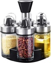 6 Piece Oil and Vinegar Salt & Pepper Cruet Bottle Sets - 360 Degree Rotate Durable Glass Stainless Steel Lead-Free Olive Oil Dispenser Carafe Decanter for Kitchen