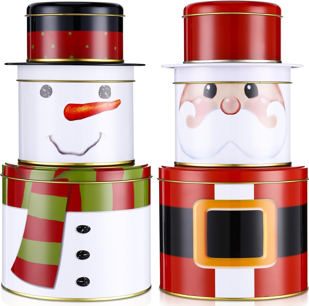 Tandefio 4 Sets Christmas Cookie Tins with Lids 3 Layer Christmas Tin Containers Metal Large Medium Small Round Nesting Containers Empty Tinplate Treat Boxes for Candy Chocolate Xmas Party Favor
