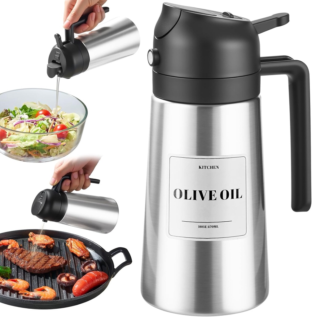 PARACITY Oil Dispenser Bottle with Stainless Steel Shell & Ceramic Sprayed Interior, 2 in 1 Olive Oil Sprayer and Dispenser, Oil Spray Bottle for Cooking, Kitchen, BBQ, Air Fryer, Salad, Baking(Black)