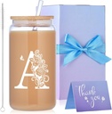 Initial Glass Cups with Lids and Straws, Monogrammed Gifts for Women, 16oz Beer Glass Tumbler, Iced Coffee Mug, Personalized Gift with Box and Card. Employee Appreciation Gifts Birthday Gift for Her