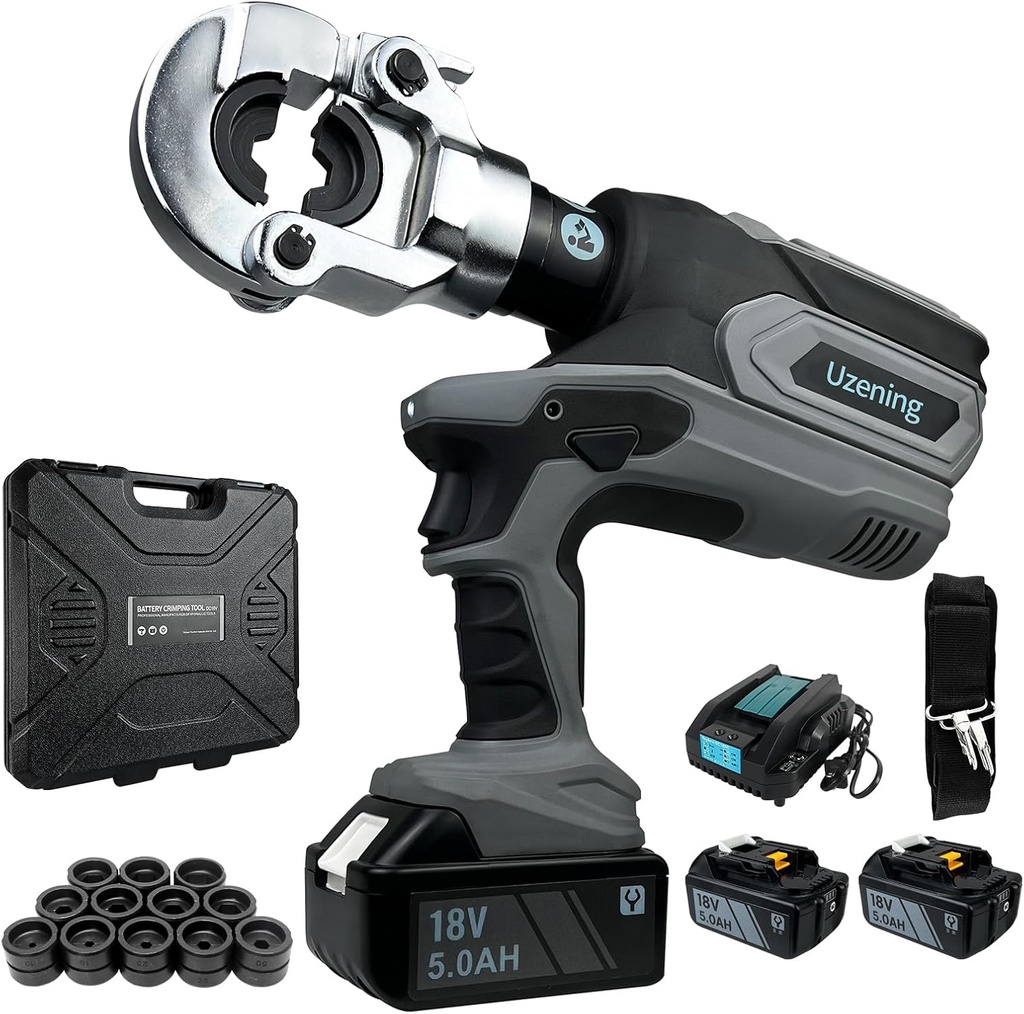 Electric Hydraulic Crimping Tool Electric Hydraulic Cable Lug Crimping Pliers Electric Terminal Cable Wire Fiber Crimper Rechargeable Hydraulic Crimping Tool with 12 Dies(10-300mm²)