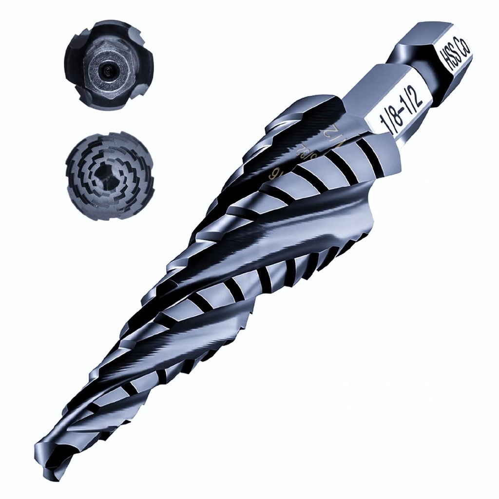 toolant Four Spiral Flute Cobalt Step Drill Bit(Pro), 1/8"-1/2" Impact Ready Unibit Step Drill Bit, 1/4" Hex Shank Unibit for Metal, Stainless Steel, Aluminum, Plastic