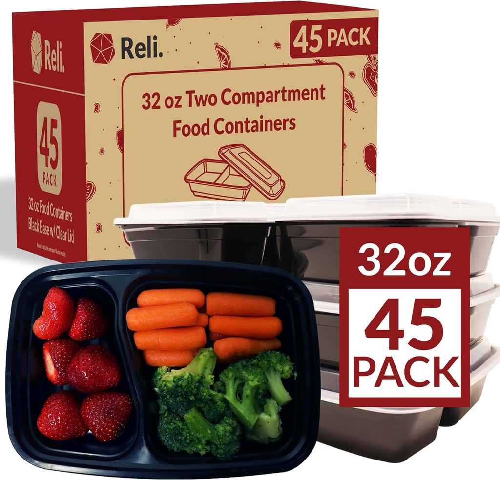 Reli. Meal Prep Containers 32 oz. | 45 Pack | 2 Compartment Food Container w/Lids | Microwavable Food Storage, To Go | Black Reusable Bento Box/Lunch Box for Meal Prep
