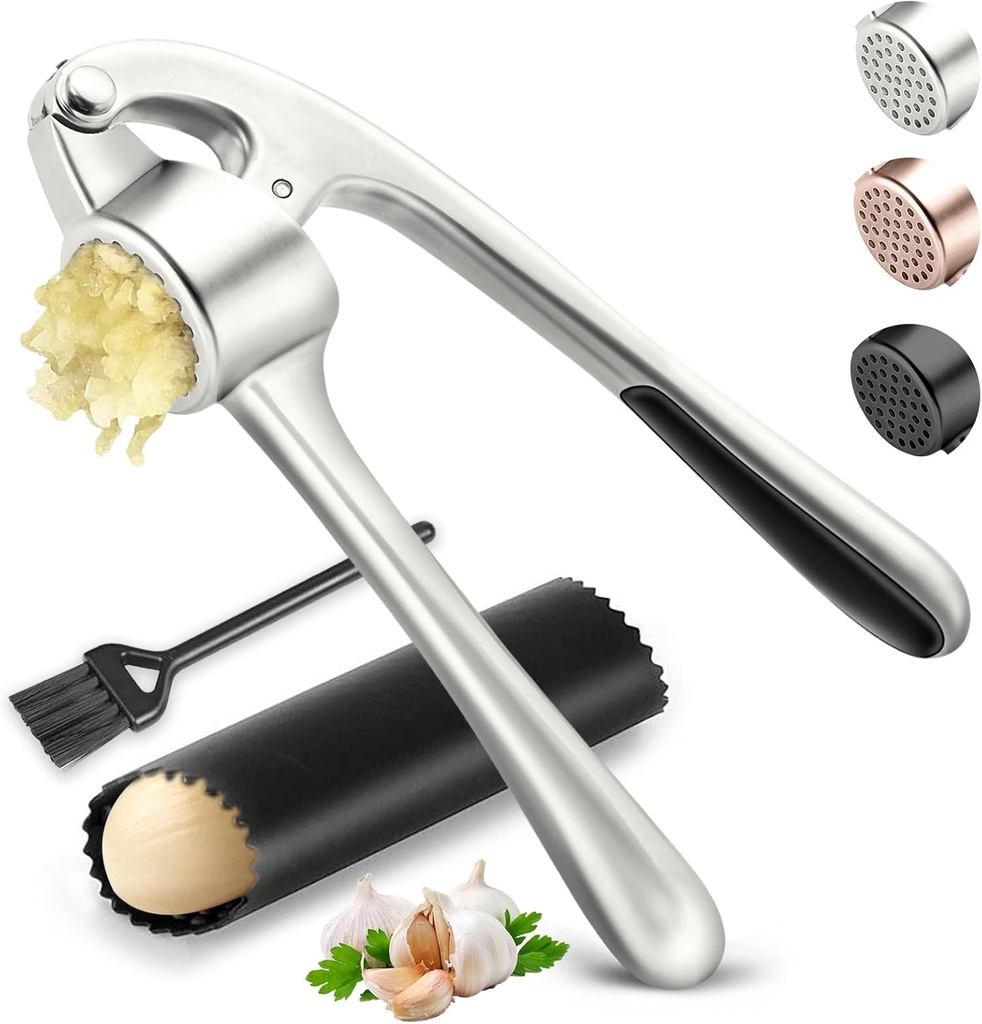 Kitchen Garlic Press, Rust Proof & Dishwasher Safe Garlic Mincer, Durable Garlic Crusher Set with Peeler＆Brush, Easy to Clean and Squeeze, Matte