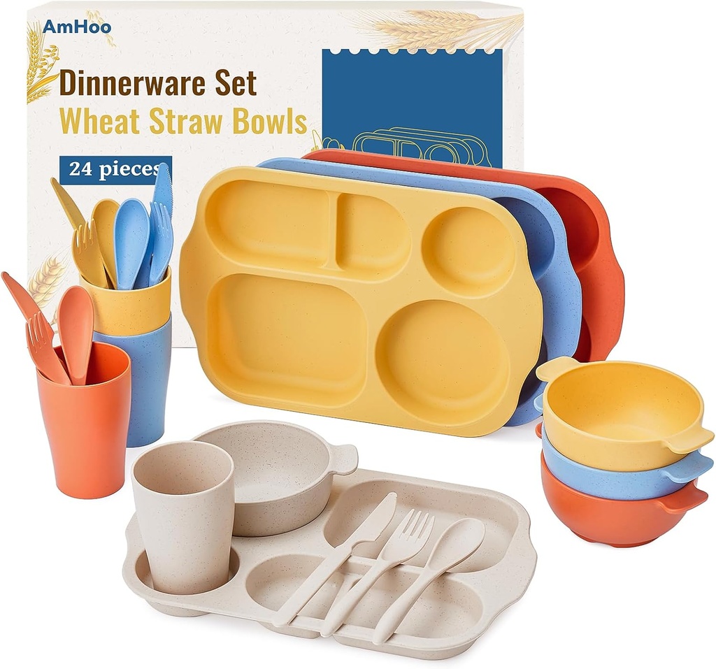 AmHoo 24 Pcs Wheat Straw Dinnerware Cutlery Set Including Kids Toddlers Divided Plates Bowl Microwave Dishwasher Safe Unbreakable Tableware Spoon Knife Fork Cup-Beige,Yellow,Blue,Orange