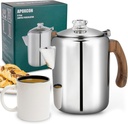 Coffee Percolator Pot Stainless Steel Coffee Maker with Tough Glass Knob & Fireproof Solid Wood Handle & Drip-Free Spout Camping Coffee Pot Using on any Stovetop NO Aluminum NO Plastic (8 Cup)