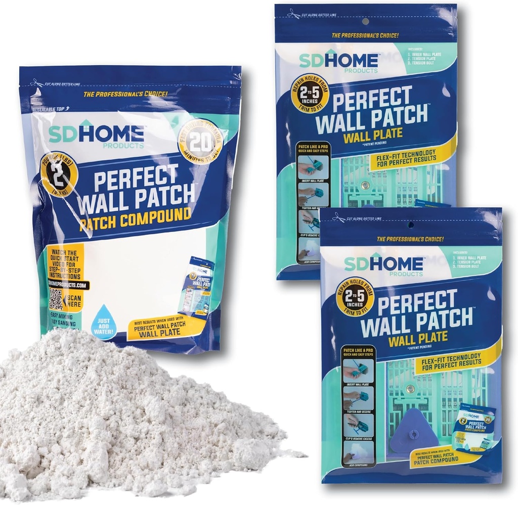 Drywall Repair Plate & Compound Kit by SD Home, Fix Large Holes Fast, Pack of 2 Wall Backing Plates & 1 Fast-Drying Spackle Filler Bag, Easy & Quick DIY Patching for Cracks & Wall Damage