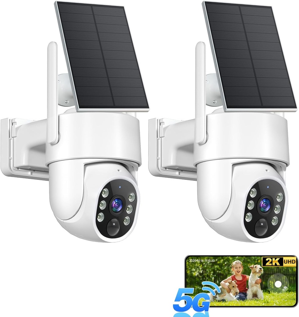 2K Solar Security Cameras Wireless Outdoor, 5G&2.4GHz Dual WiFi Cameras for Home Security, Solar & Battery Powered Outdoor Security Camera, Color Night Vision, Human Detection, 2 Packs