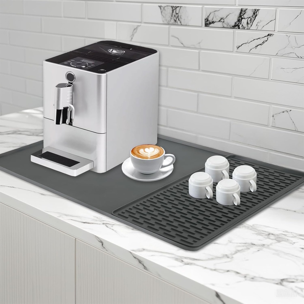 New Silicone Coffee Mat with Convex Edge,24''x16'' Bar Mat Easy to Clean, Fits Under Coffee Makers, Pots, Ice Makers and Kitchen Countertops or Dish Racks (Gray)