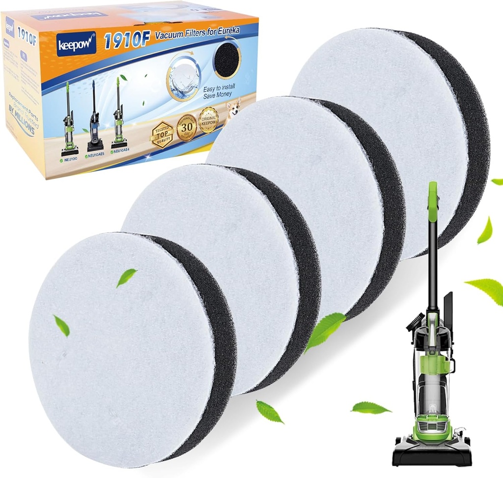 KEEPOW NEU100 Vacuum Filters for Eureka Airspeed Compact Bagless Upright Vacuum Cleaner NEU100, NEU10AE4, NEU10AE5, NEU10AE2, NEU102 Series, Part #E0106 (4 Pack)