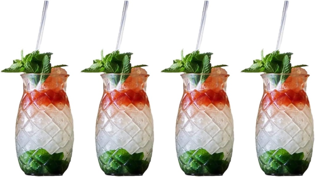 Tiki Drink Glasses 17 Ounces Pineapple Glasses for Cocktails, 4 Pieces, Clear, Tropical Style Novelty Glasses, Hawaii Bar Style, Modern Bar Party Set With Picks (Pineapple 17 oz)