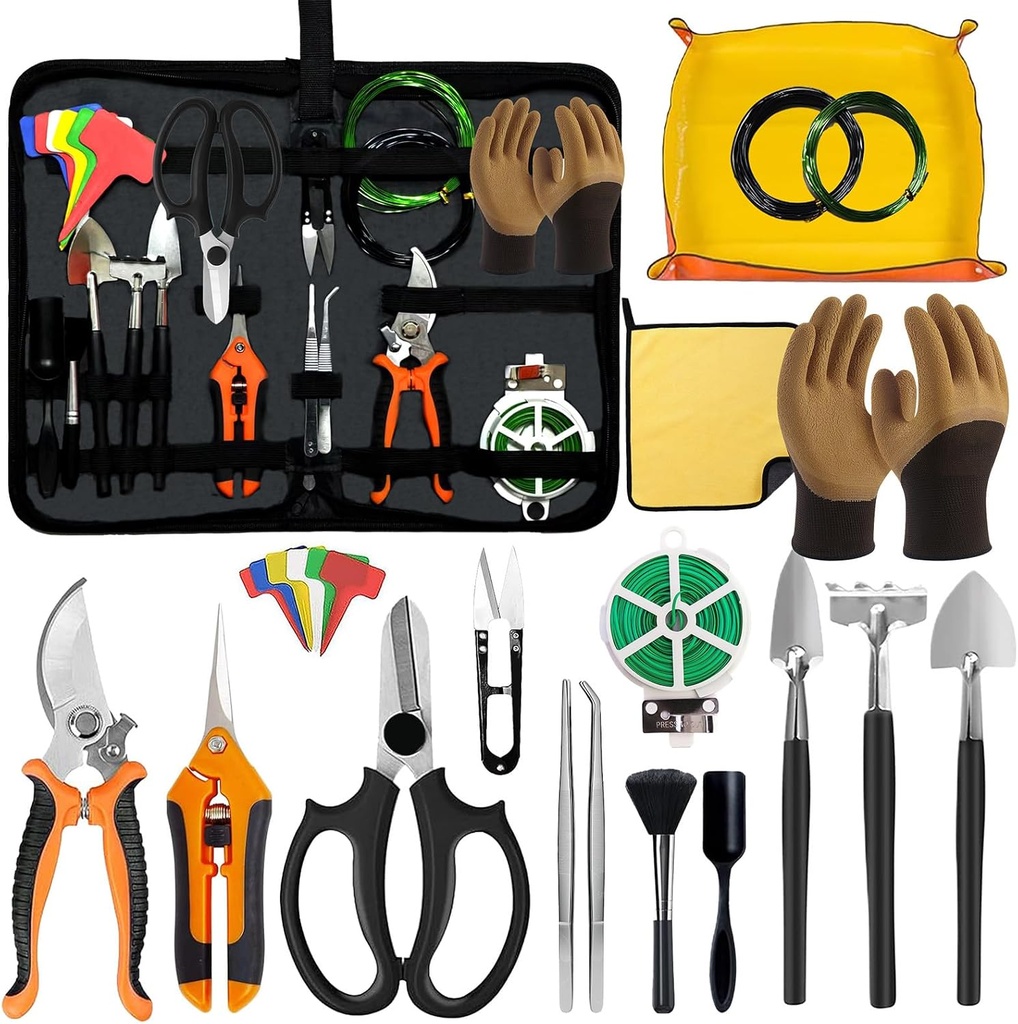 Bonsai Tools Set for Beginners, Bonsai Tree Kit with Training Wire, Scissors, Pruning Shears, Repotting Kit, Indoor Plant Tools Starter Kit (Orange)