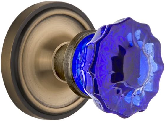 Nostalgic Warehouse 724075 Classic Rosette Privacy Crystal Cobalt Glass Door Knob in Antique Brass, 2.375