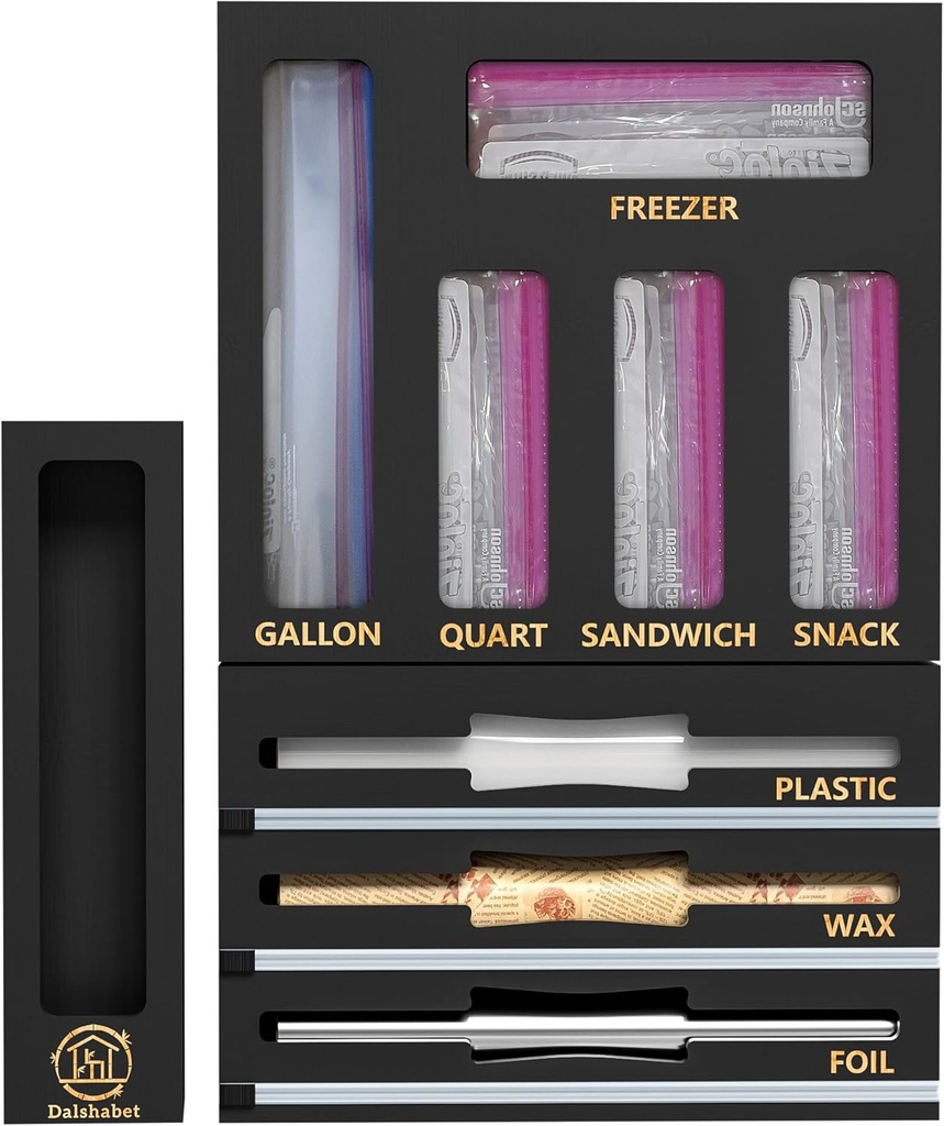 DALSHABET 9 IN1 Bamboo Storage Bag Drawer Organizer with Cutter, Foil and Plastic Wrap Dispenser for Kitchen Storage Compatible with All Brands Gallon, Quart, Sandwich & Snack Size Bags - Black