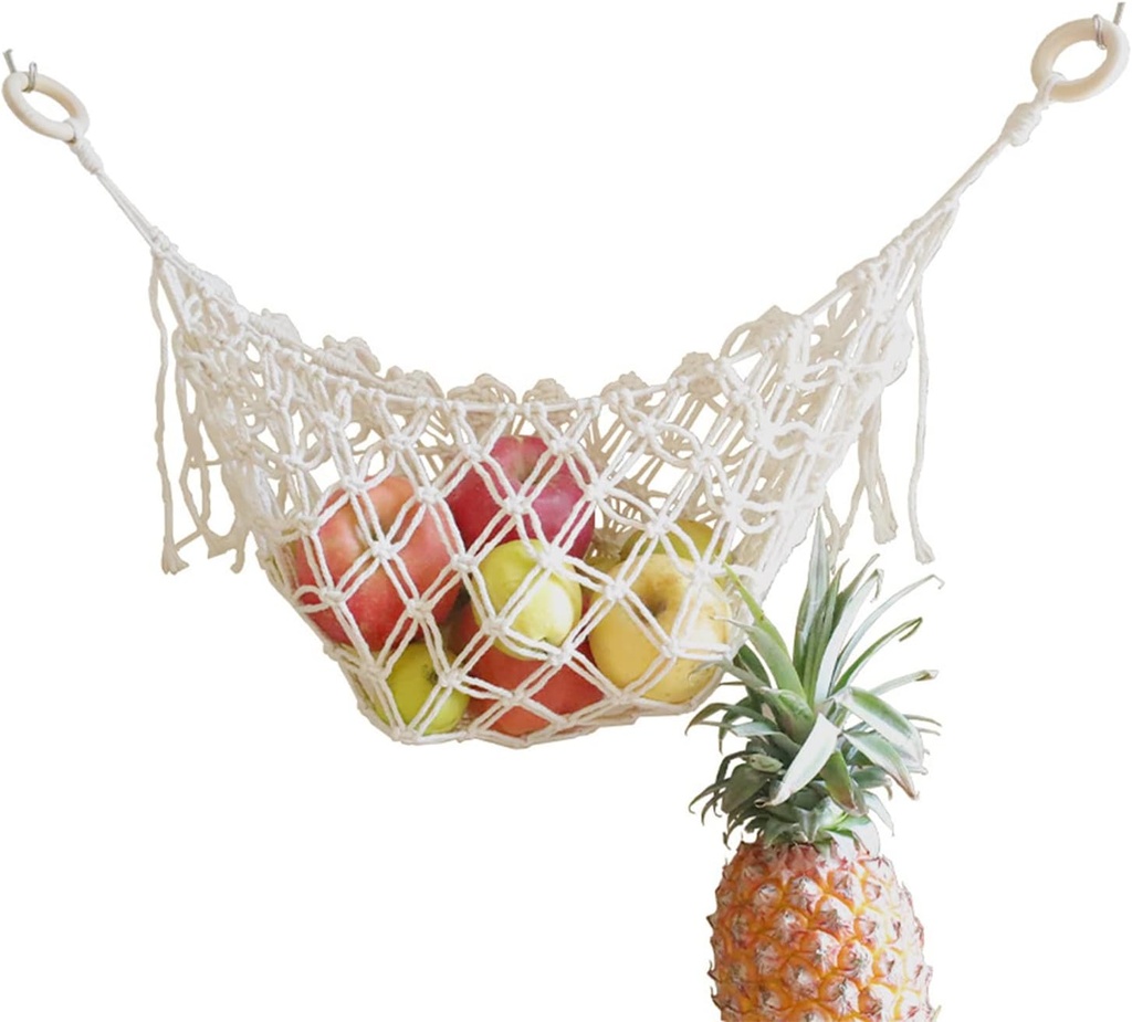 Weave Fruit Hammock,Macrame Hanging Fruit Hammock with Hooks,Handcraft Hanging Net Basket for Bananas Vegetables Produce Storage for Kitchen Decor