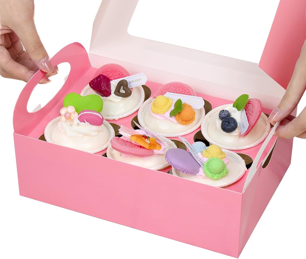 25 Pink Cupcake Boxes, Cupcake Boxes 6 Count with Window and Inserts, Mother's Day Cupcake Holders for Cupcakes, Muffins, Cookies
