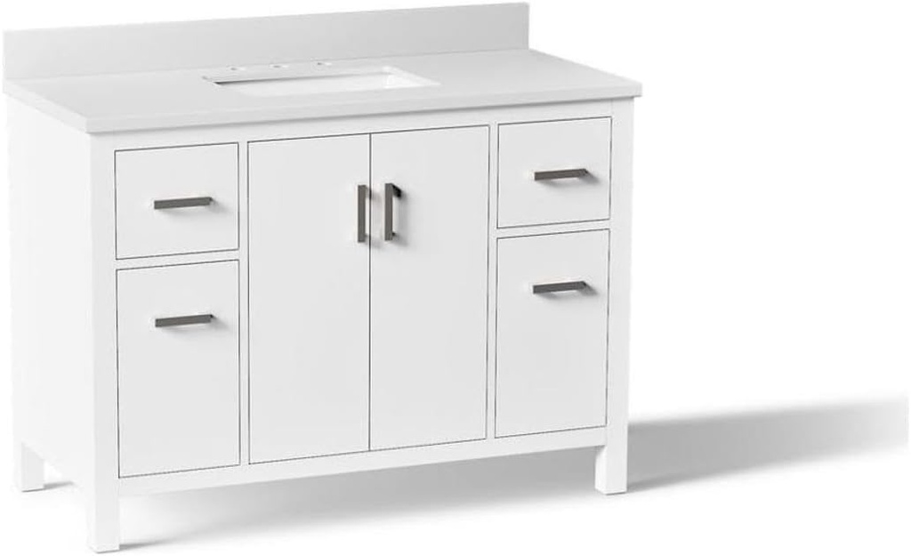 Kohler Kresla 48 Inch Bathroom Vanity Cabinet with White Single Sink and Quartz Top, Modern Bathroom Storage, White