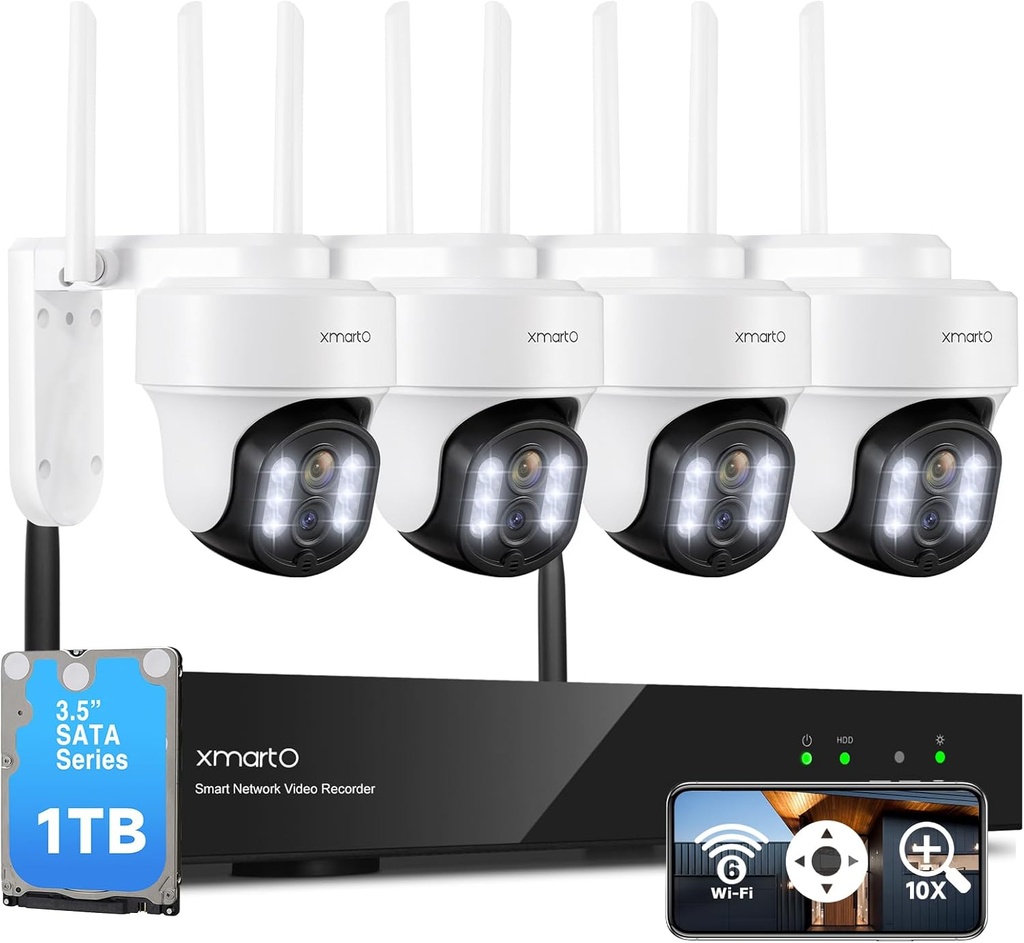 XMARTO 10X Zoom WiFi6 Security Camera System Wireless Outdoor/Indoor, 10CH 4K NVR with 4X 2K HD Dual Lens Cameras with Auto Tracking, 1TB HDD (Plug-in 24/7 Surveillance, Long Range WiFi)