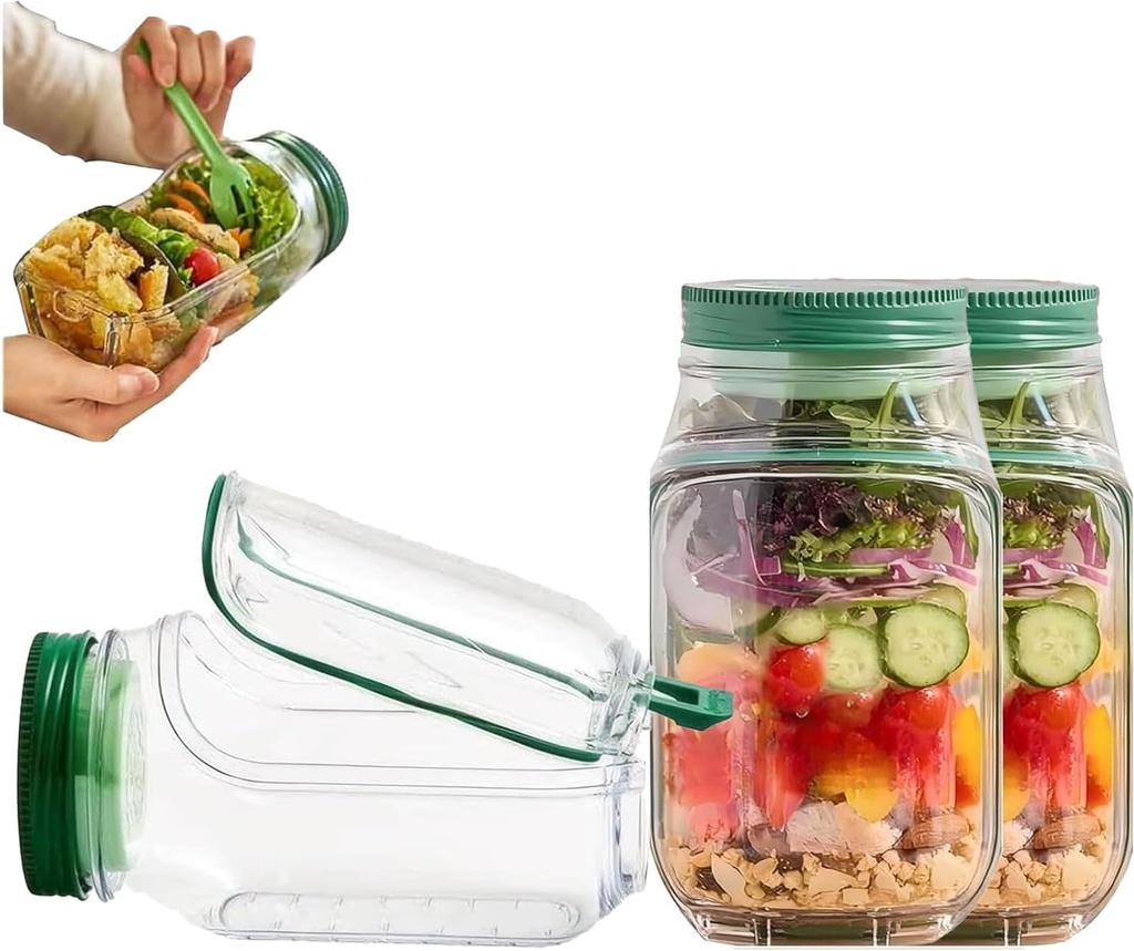 Side Opening Salad Jar- Jar Side Open with Leakproof Dressing Microwave,Dishwasher/Compartment/Freezer Safe for Meal Prep & Travel & gift (2PCS)
