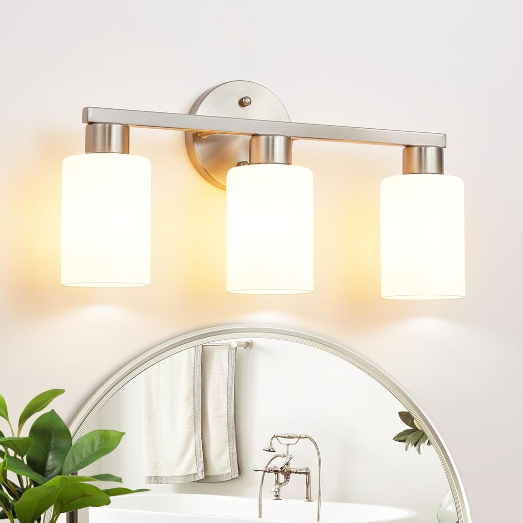 Brushed Nickel 3-Light Bathroom Vanity Light Modern Bathroom Light Fixtures Nickel Vanity Lights with Eye-Friendly Milky White Frosted Glass Shades E26 Socket (Bulbs Not Included)