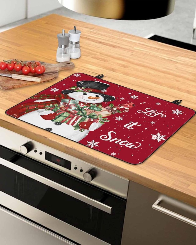 Christmas Countertop Burners Protection Mats for Kitchen, Snowflake Snowman with Gift Red Rubber Stove Top Cover Mat, Heat Proof Mats Cooktop Cover for Counter Dish Drying Mat, 31"x24"