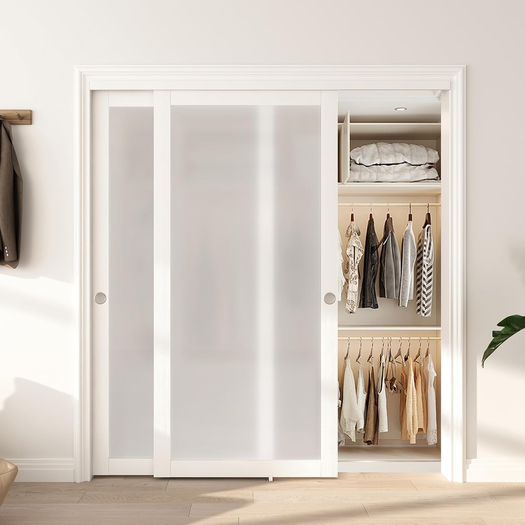 Sliding Closet Door 72"(Double 37") x 80", Full-Lite Frosted Glass Closet Door with Hardware Kit & Matching Fascia, Sturdy Solid Wood & MDF with Water-Proof PVC Surface, Pre-Drilled