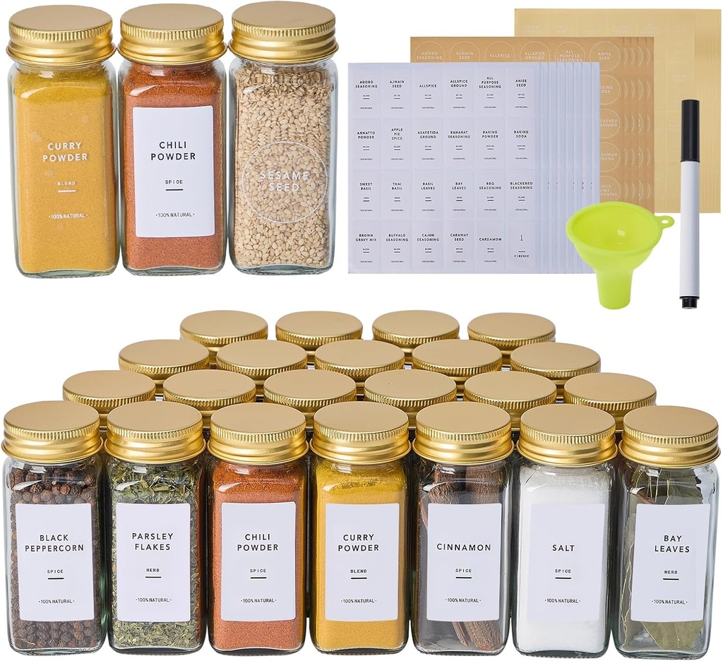 24 Pcs Glass Spice Jars with 576 Labels, 4oz Empty Square Spice Containers,Seasoning Bottles with Gold Metal Caps - Shaker Lids, Funnel and Pen Included