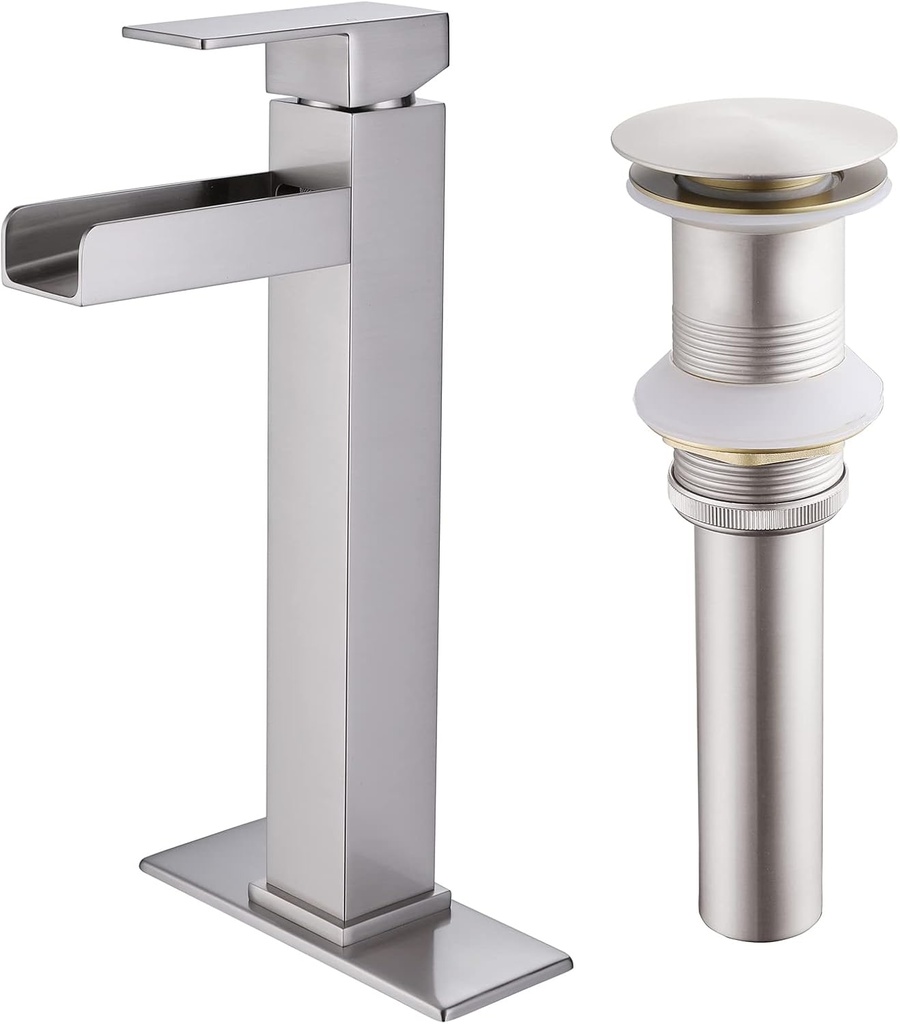 Waterfall Bathroom Faucet Single Handle Faucet Sink Faucet with Pop-up Drain Rv Lavatory Basin Mixer Tap Vanity Faucet with Deck and Supply Hoses (Brushed Nickel)