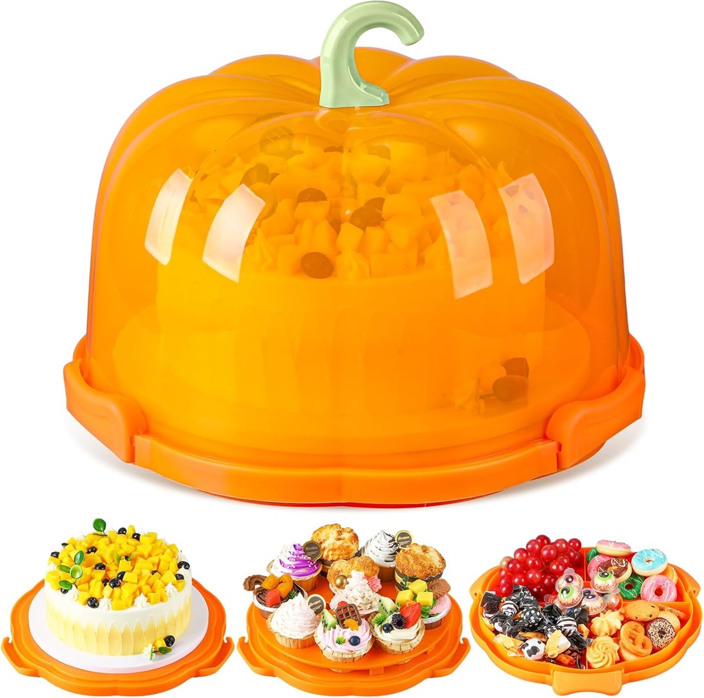 Zhehao 10 Inch Fall Cake Carrier Holds, Pumpkin Cake Stand with Lid and Handle, Halloween Autumn Harvest Plastic Transport Storage Container, Suitable for Transporting Pies, Cupcakes and More(Orange)